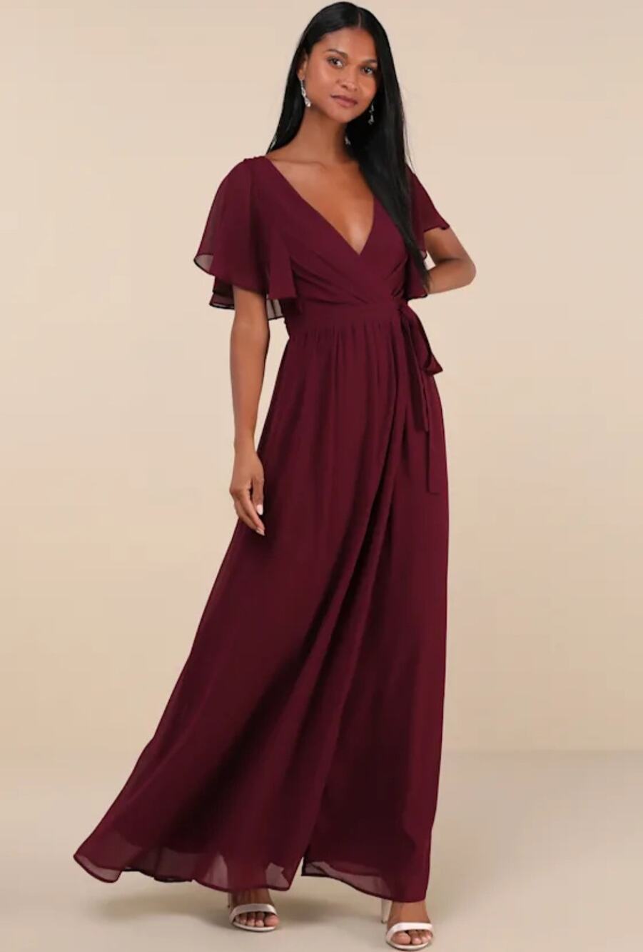 Lulus Burgundy Flutter Sleeve Wrap Maxi Dress S Chiffon Wedding Guest Gown